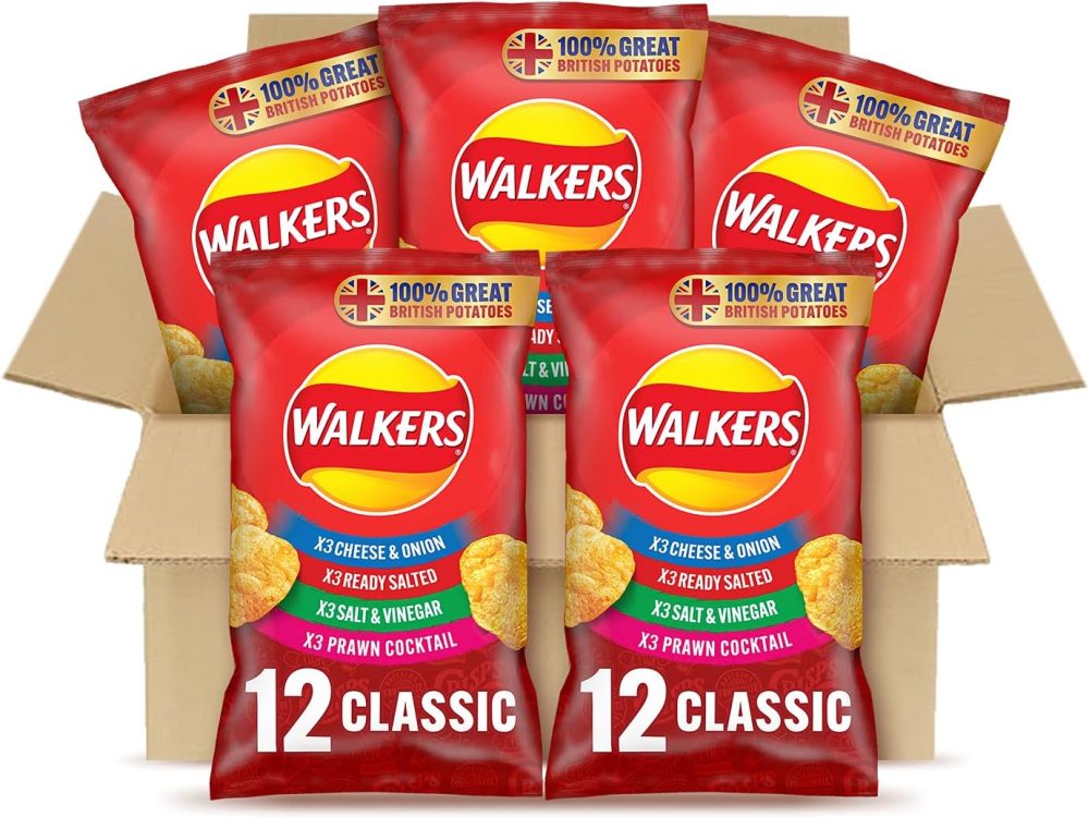 Walkers Classic Variety Crisps Box, Ready Salted, Cheese and Onion, Salt and Vinegar, Prawn Cocktail, 60 Count (Pack of 1)