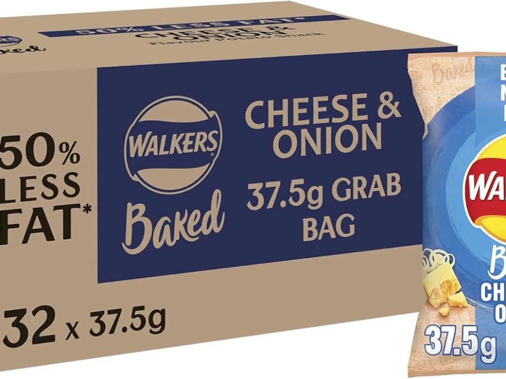 Walkers Baked Cheese and Onion Potato Crisps Box 50 Percent Less Fat Suitable for Vegetarians 37.5 g (Case of 32 Bags)