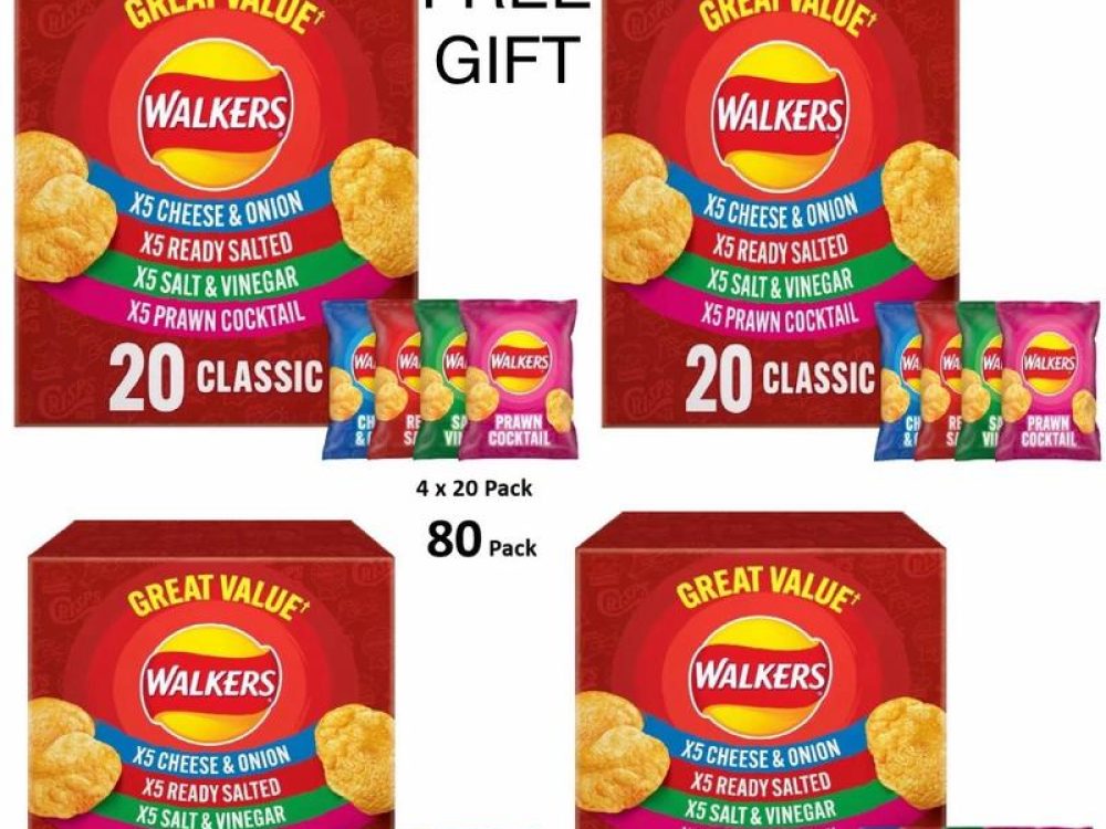 Walkers 80 Classic Variety Multipack CrispsMultipack of Walkers Classic Variety crisps -Multipack contains 20 x Ready Salted,20 xCheese & Onion, 20 x Salt & Vinegar and 20 xPrawn Cocktail -No added MSG, Artificial Coloursor Preservatives